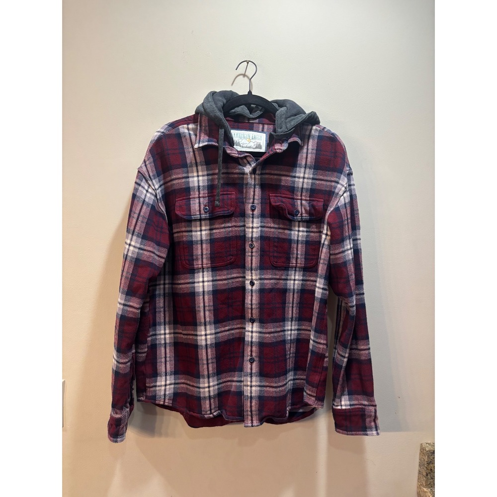 Y2K American Eagle Plaid Flannel Hooded Shirt‎ Jacket Burgundy Navy White Mens L